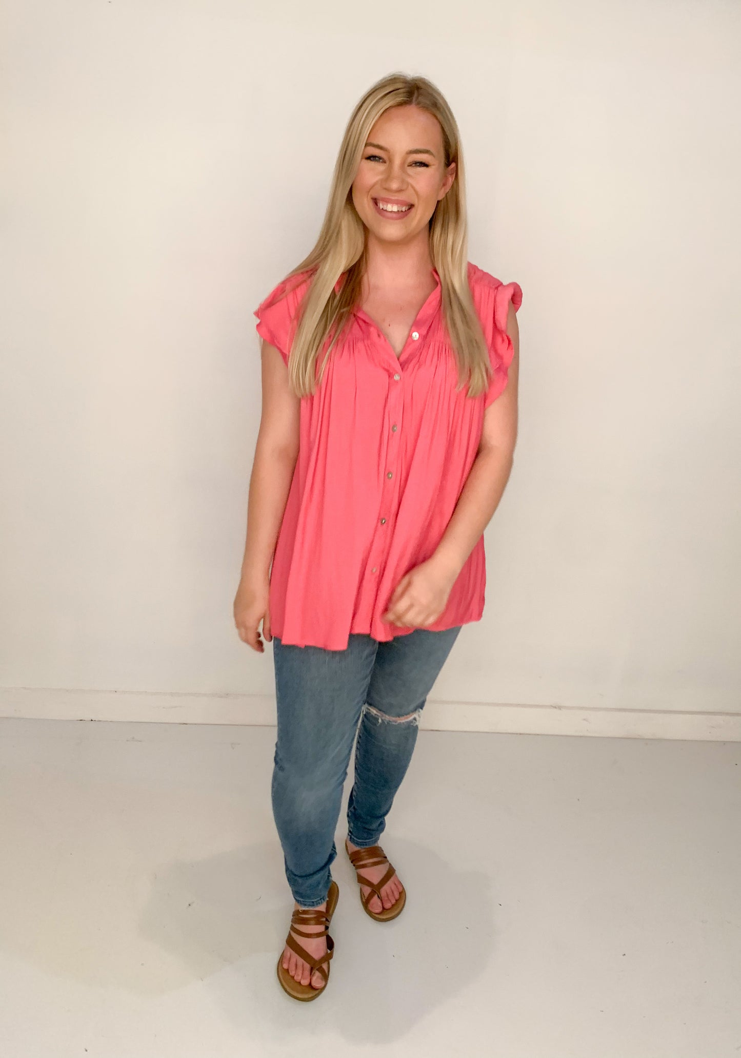 Maria Ruffle Sleeve Button Down Flowy Tunic Top, Hot Pink