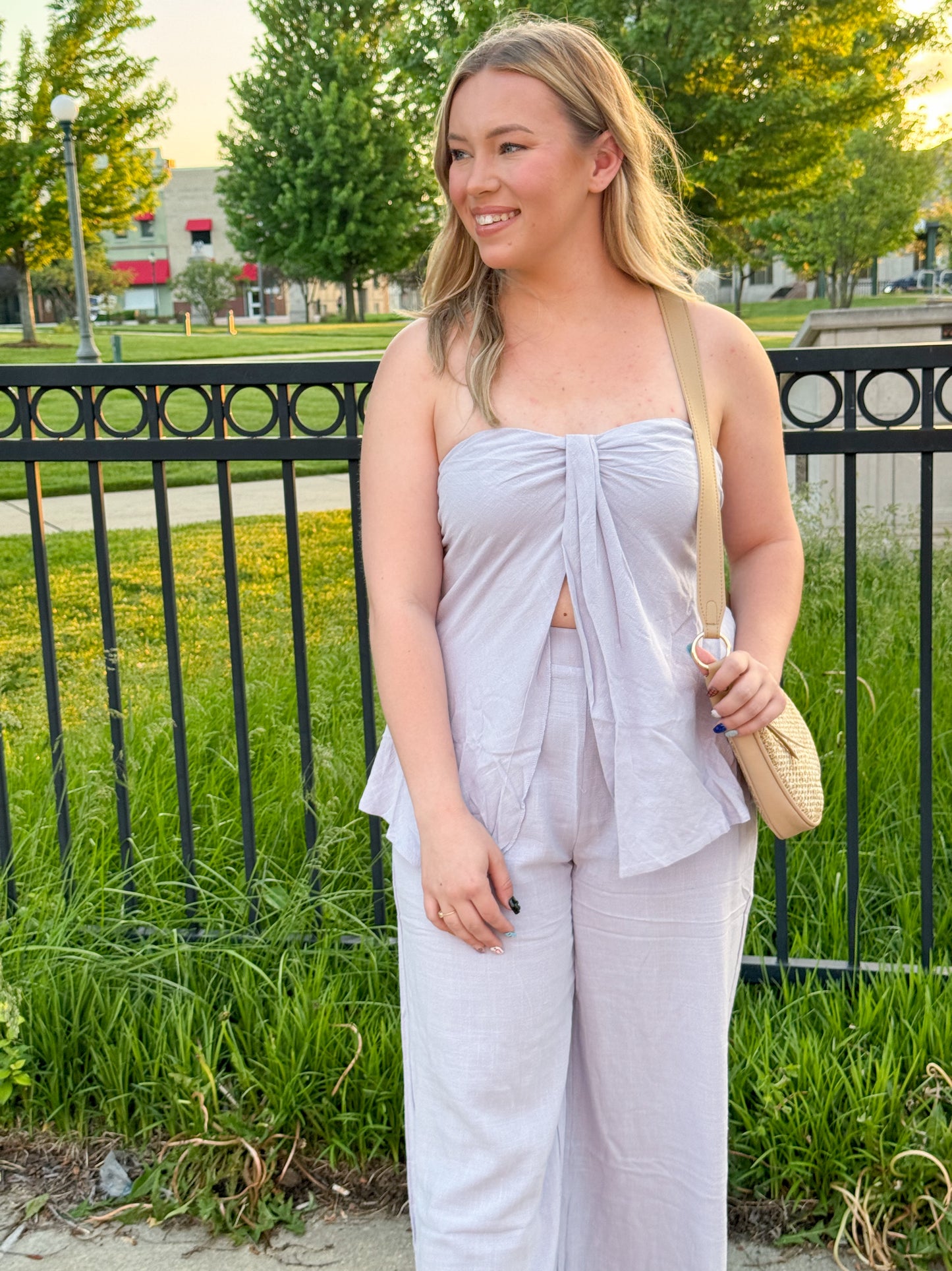 Florence Classic Linen Tube Top / Pants Set, Lavender Blue