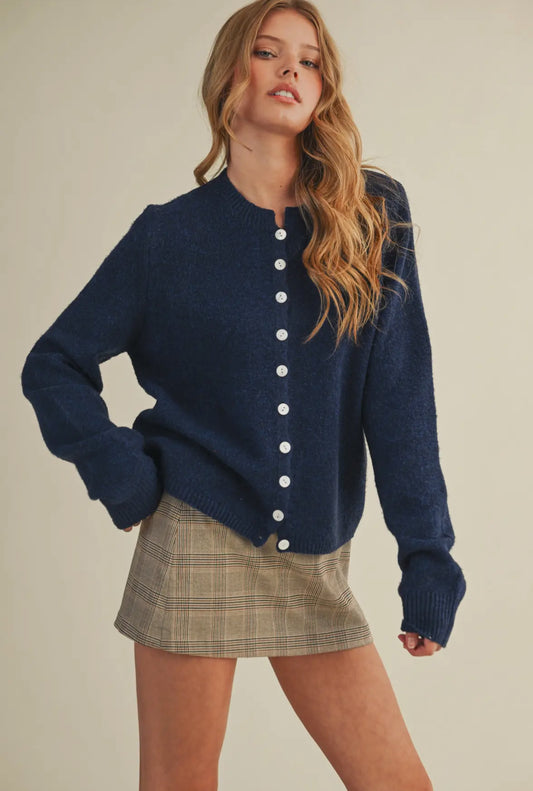 Marlee Round Neck Knit Button Up Sweater, Midnight Navy