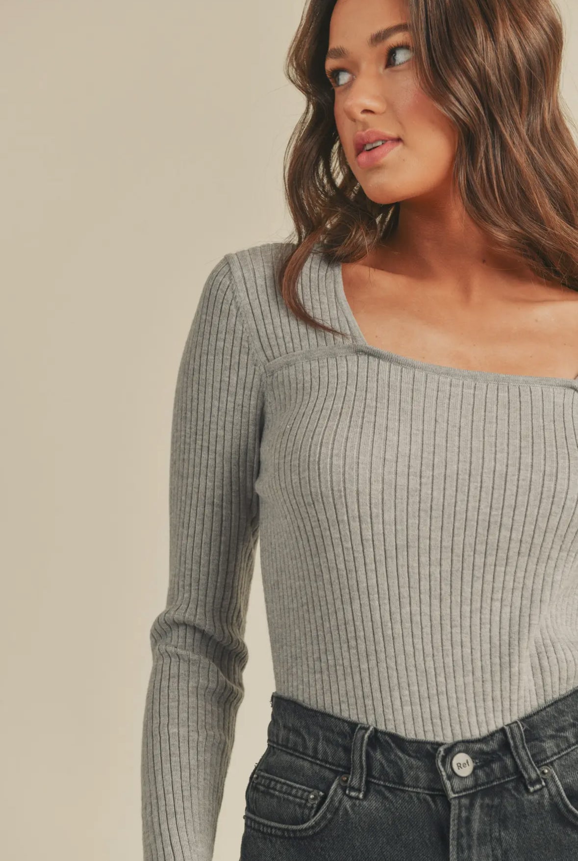Polly Fitted Square Neck Ribbed Sweater, Heather Grey