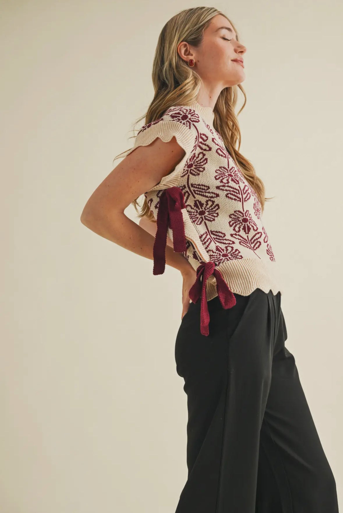 Helena Mock Neck Floral Sweater Vest, Mauve Wine