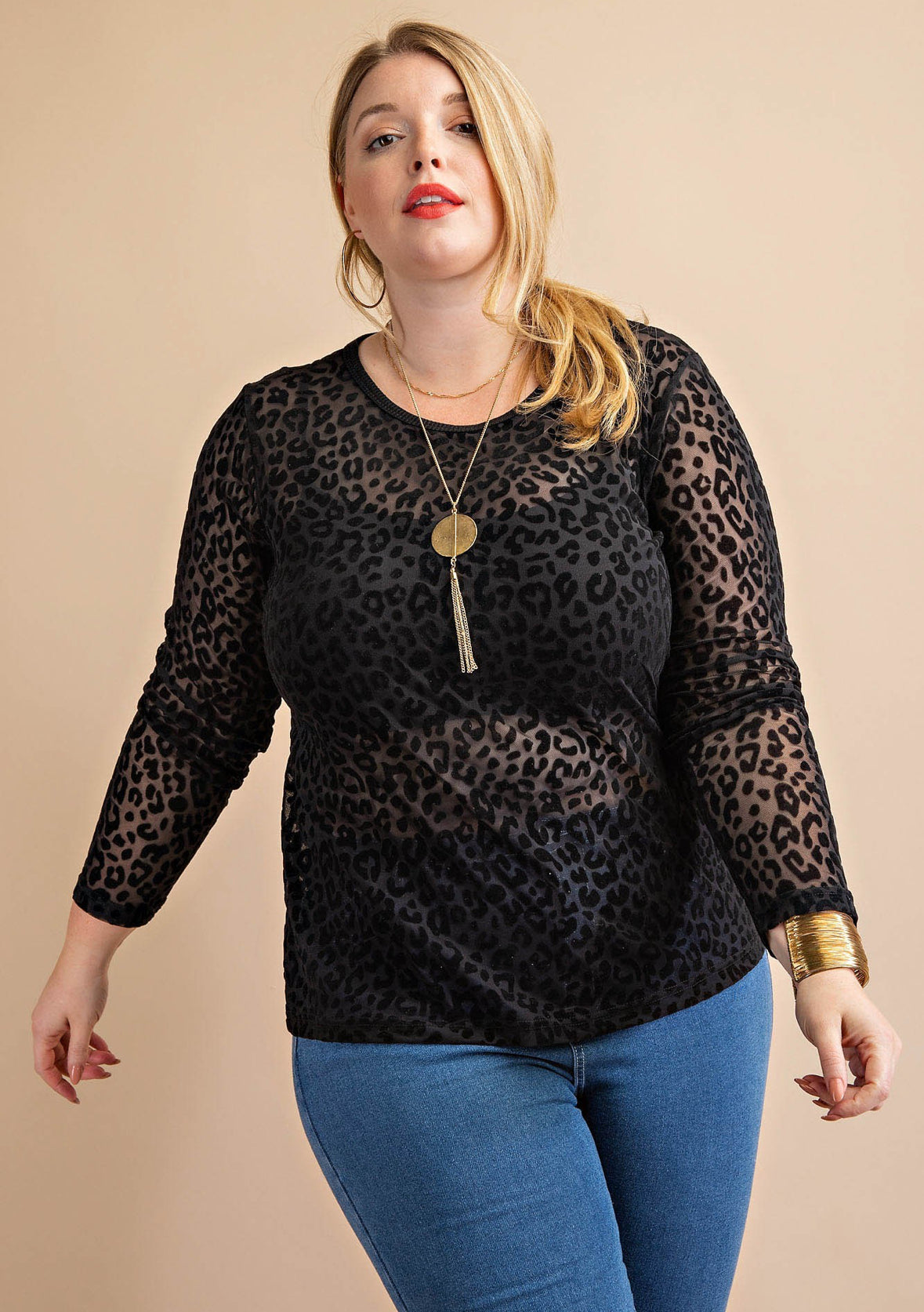Animal Print Velvet Burnout Long Sleeve Top, Black