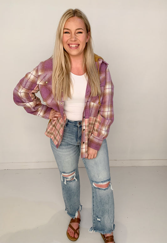 Nila Flannel Hoodie Button Up, Lavender/Mustard