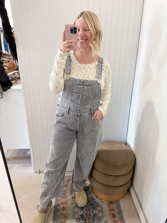 Vera Corduroy Barrel Leg Overalls, Grey