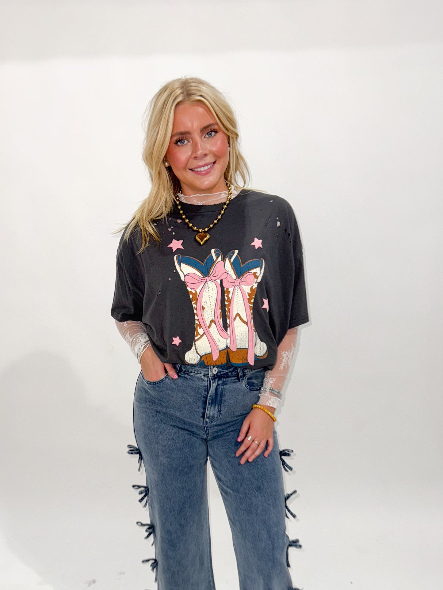 Bryleigh Puff Print Girly Cowboy Boots Oversized Graphic Tee, Black