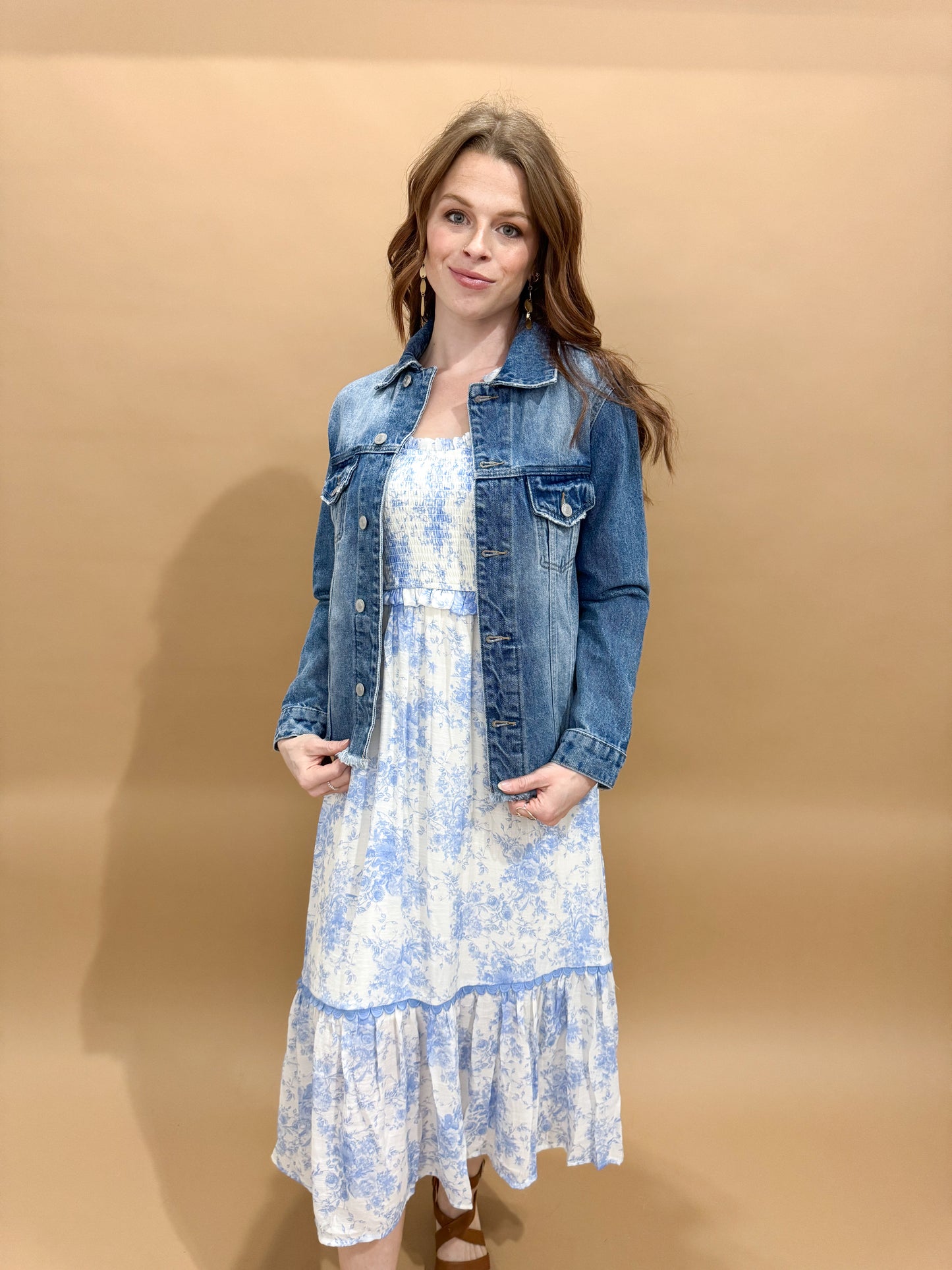 Celine Floral Smocked Sweetheart Ruffle Trim Midi Dress, Blue / White