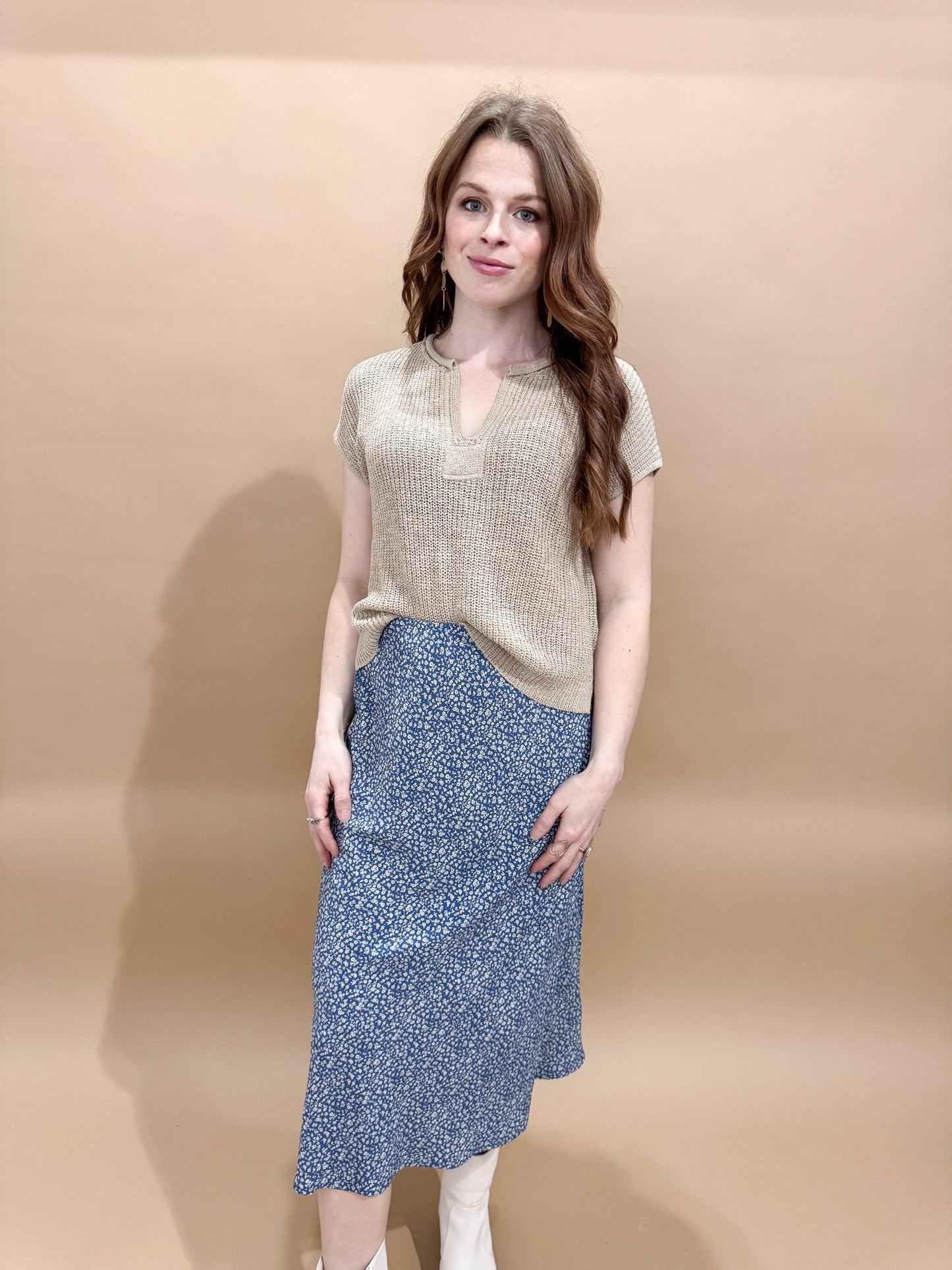 Belle Split Neck Short Sleeve Knit Pullover, Light Khaki