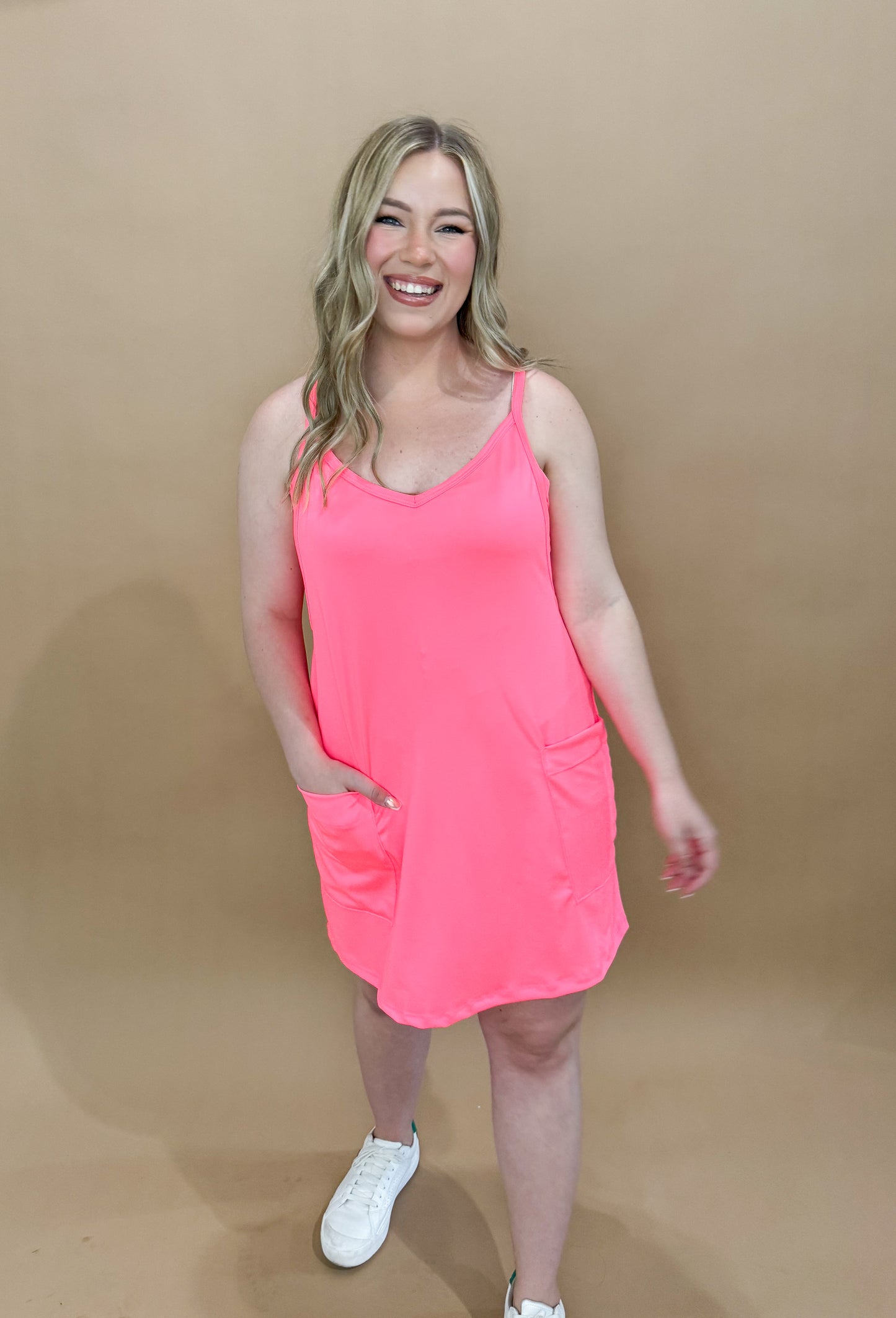 Neon Nights Active Mini Dress w/ Built In Romper, Neon Pink