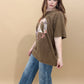 Patchwork Peace Sign Oversized Graphic Tee, Brown