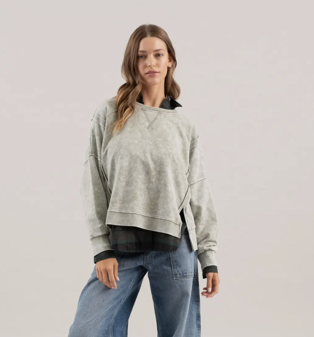 Annie Mineral Wash Crewneck Top, Olive