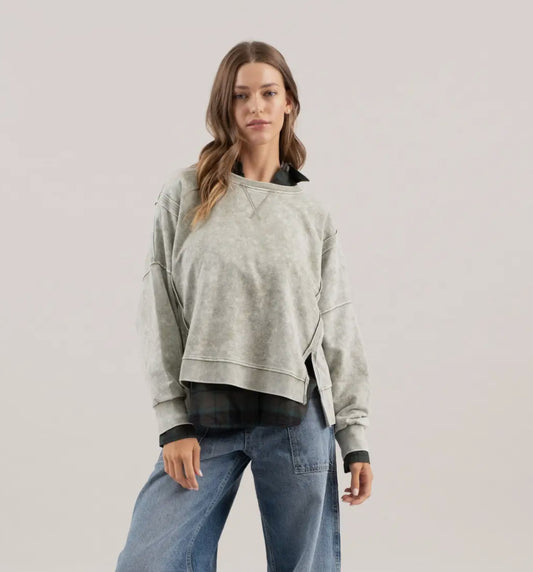 Annie Mineral Wash Crewneck Top, Olive