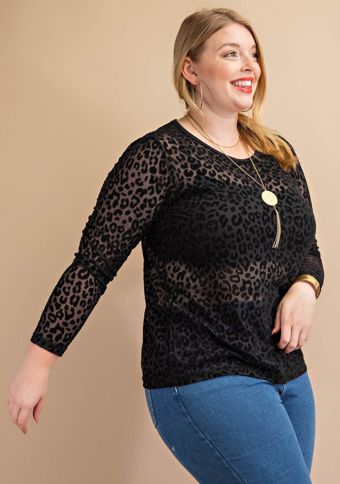 Animal Print Velvet Burnout Long Sleeve Top, Black
