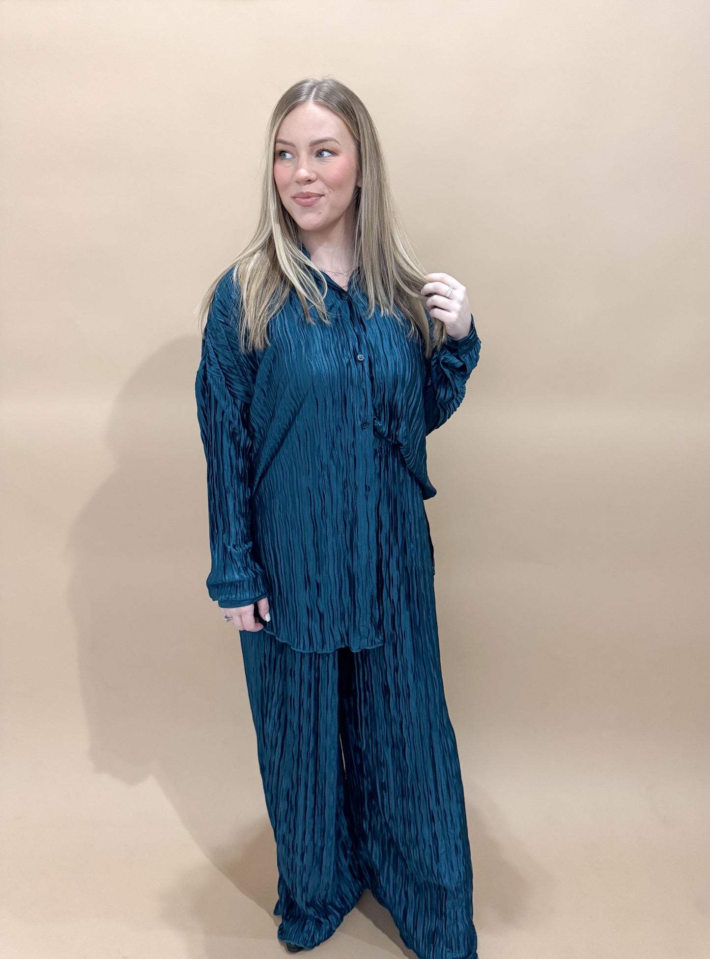 Greta Geo Pleated Pants, Teal