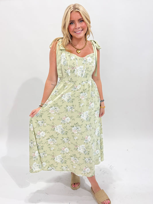Chellie Floral Midi Dress with Corset Detail, Sage