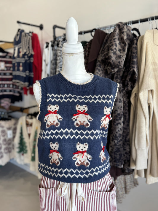 Teddy Printed Sweater Vest, Navy