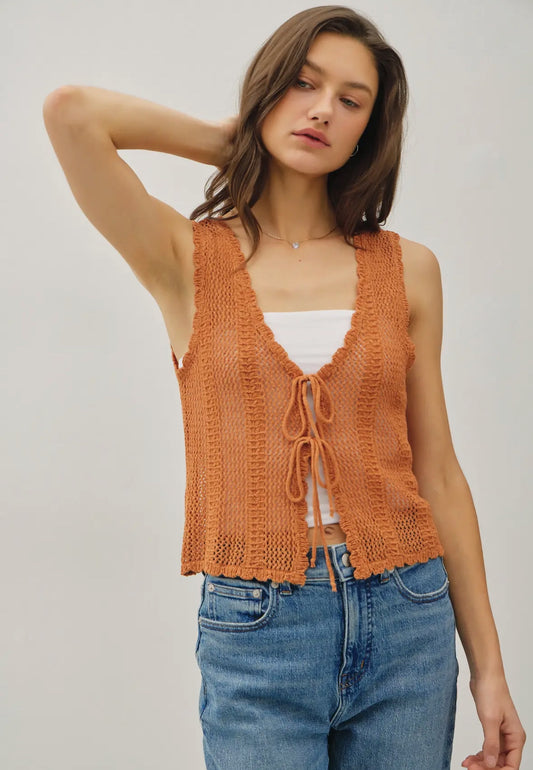 Briar Crochet Knit Vest with Tie Fastenings, Apricot