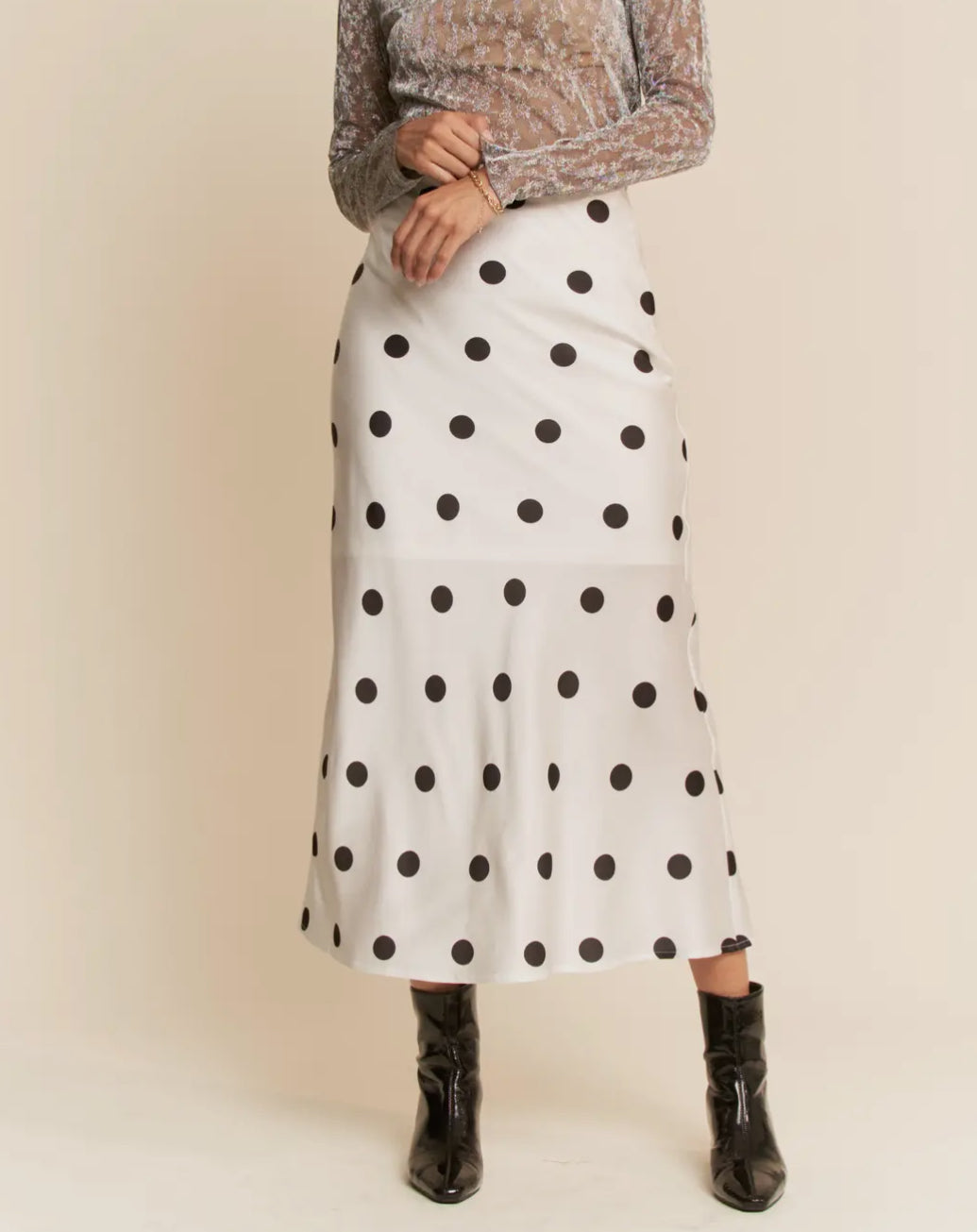 Satin Polka Dot Midi Skirt