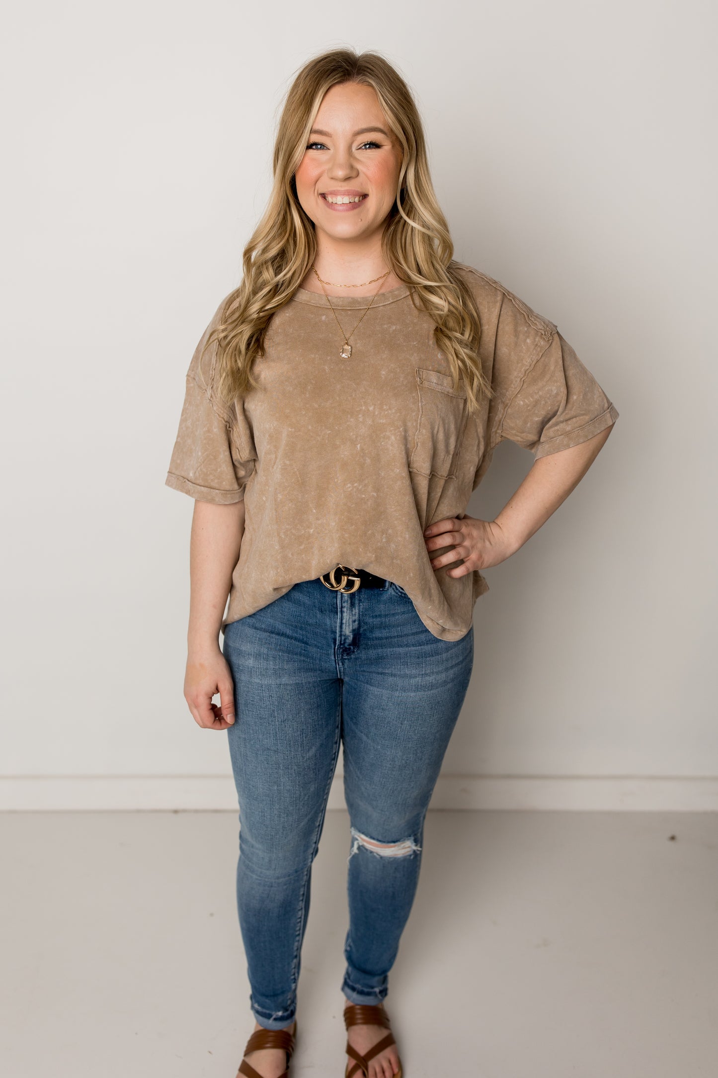 Lucy High Rise Ankle Skinny with Distressed Knee, Mica Denim