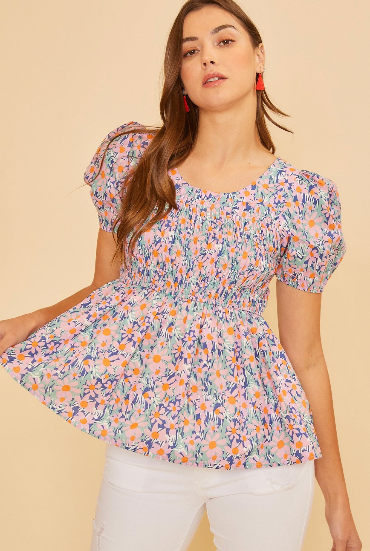 Zara Floral Printed Smocked Babydoll Short Sleeve Top