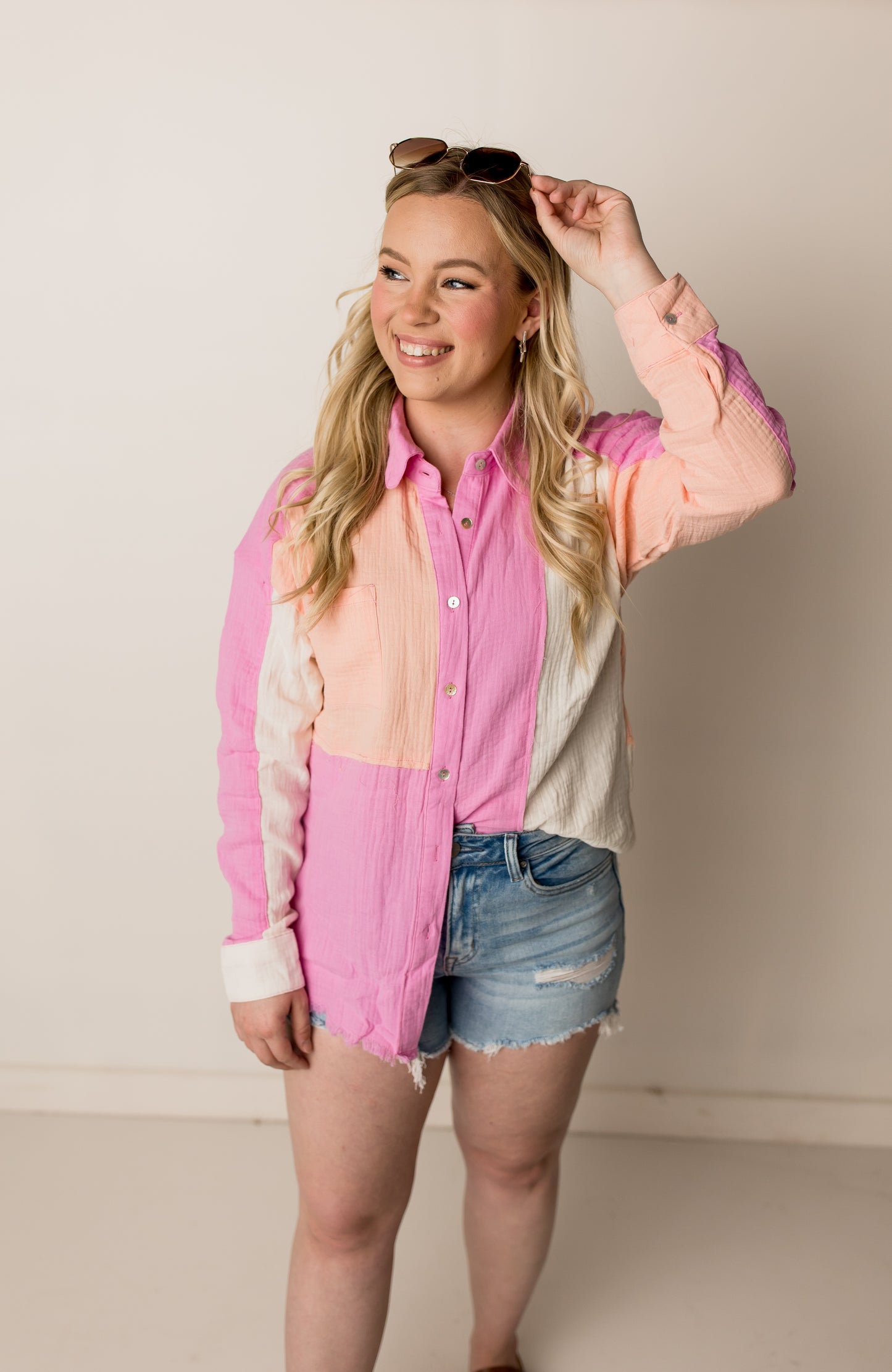 Pippa Color Block Linen Top, Pink Multi