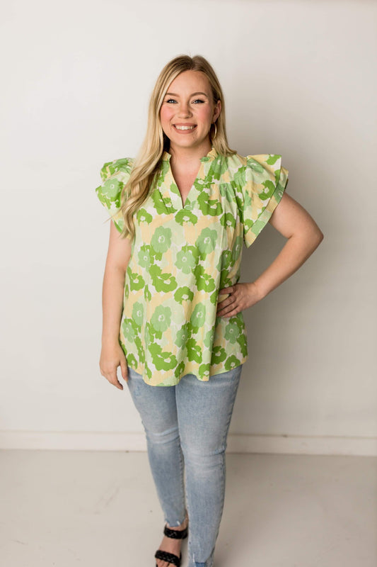 Greta Bold Floral Ruffle Sleeve Tank, Green