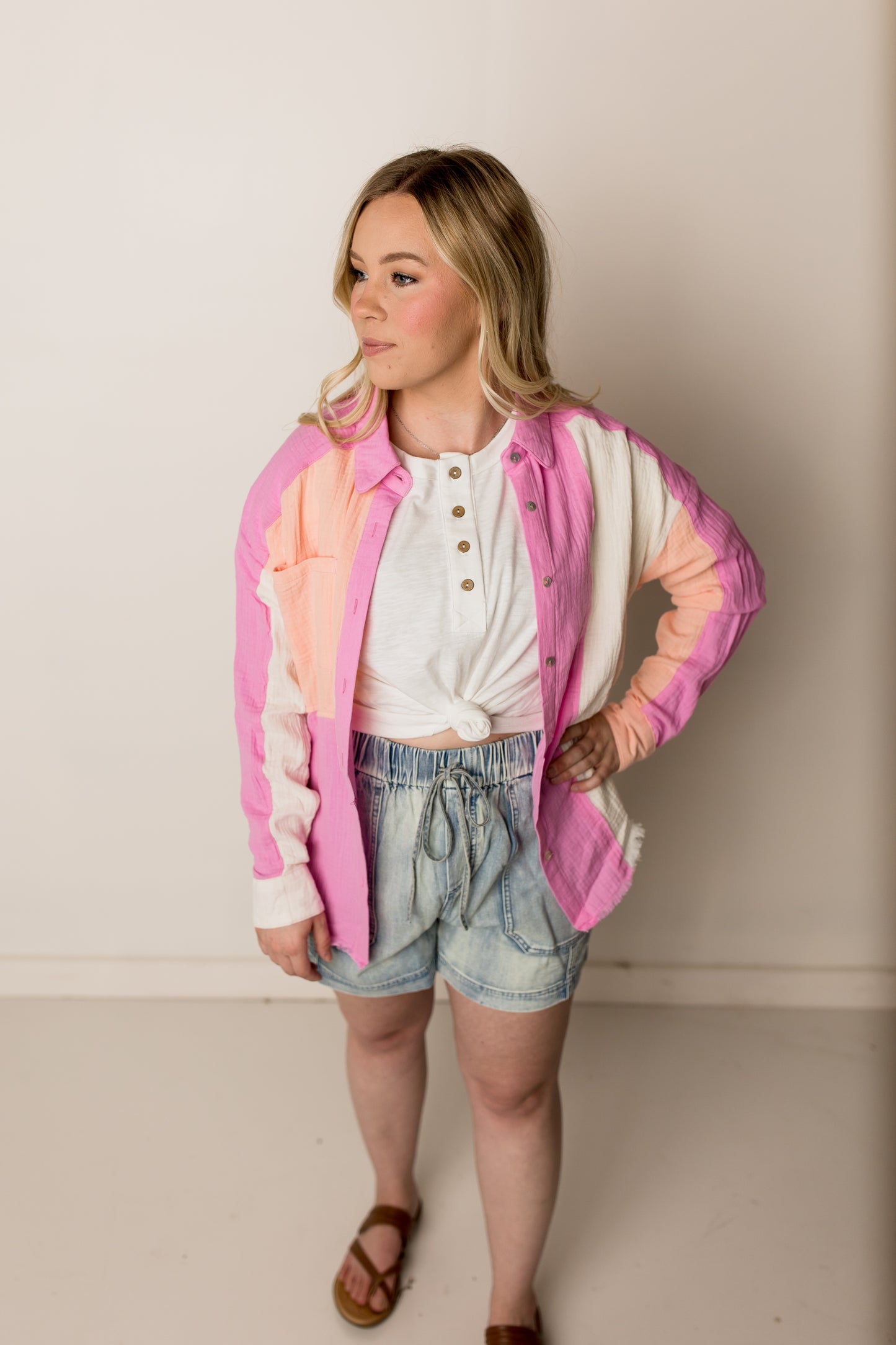Pippa Color Block Linen Top, Pink Multi