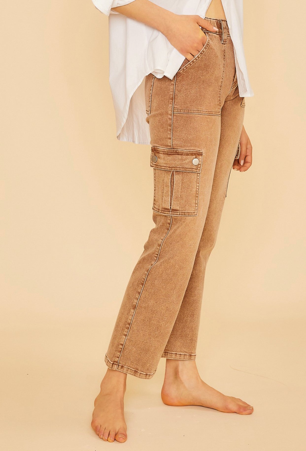 Nuna Lyocell Stretch High Rise Cargo Denim Jeans, Toffee