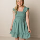 Jillian Textured Frill Detail Smocked Bodice Mini Dress, Dark Mint