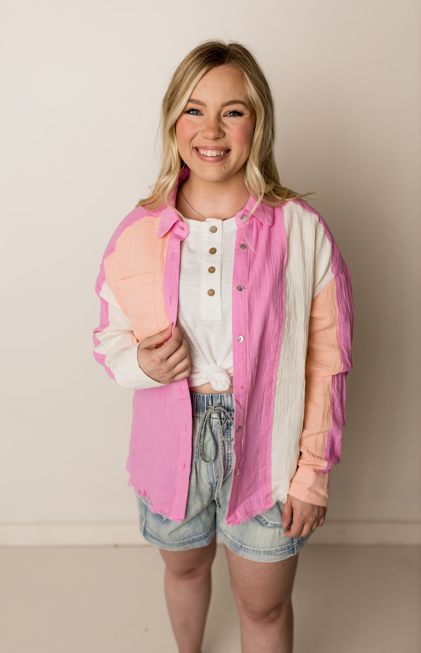 Pippa Color Block Linen Top, Pink Multi