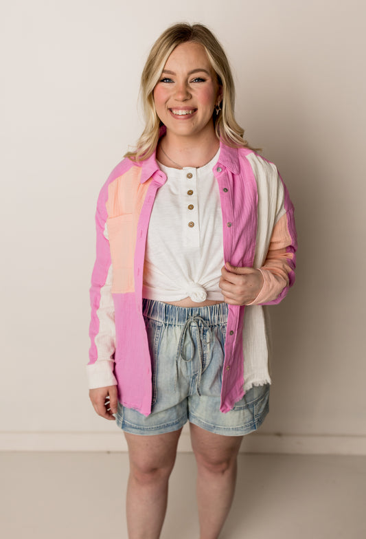 Pippa Color Block Linen Top, Pink Multi