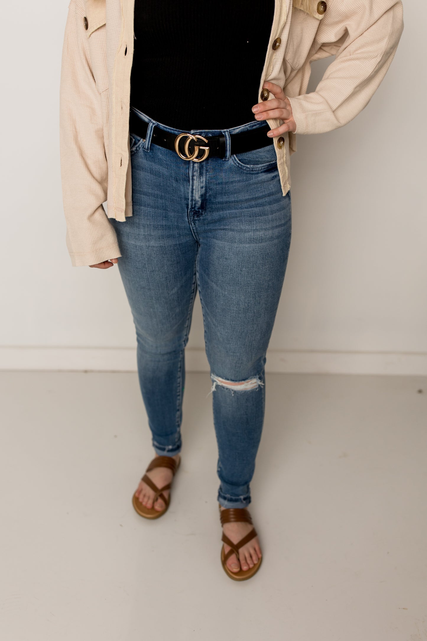 Lucy High Rise Ankle Skinny with Distressed Knee, Mica Denim