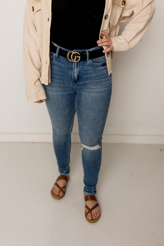 Lucy High Rise Ankle Skinny with Distressed Knee, Mica Denim