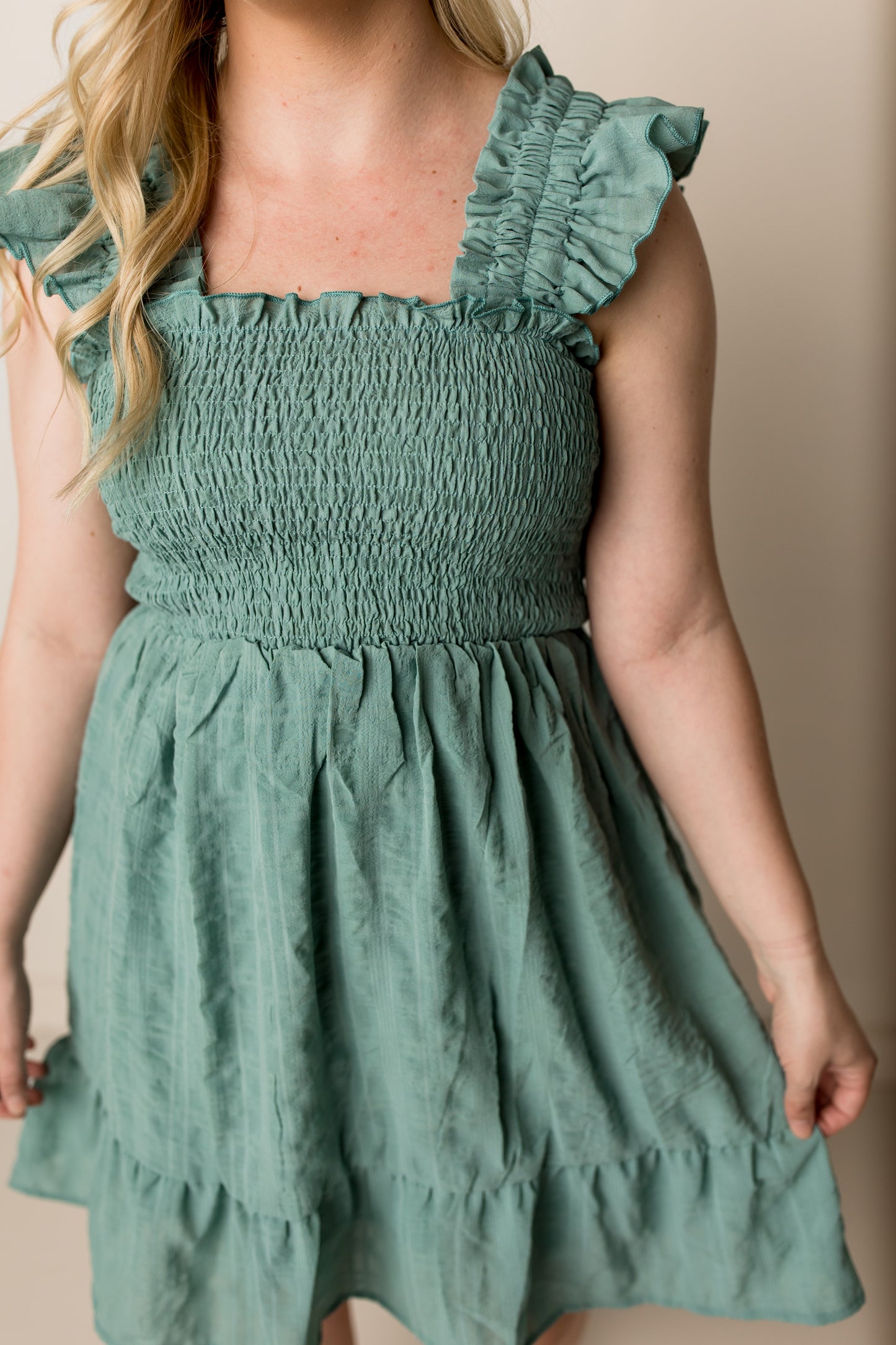 Jillian Textured Frill Detail Smocked Bodice Mini Dress, Dark Mint