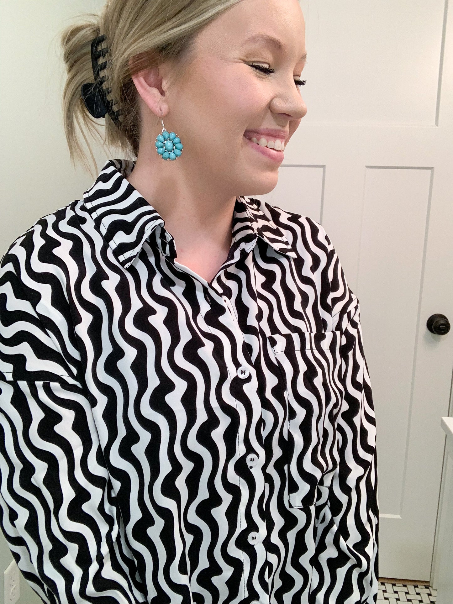 Kloris Flirty Print Top, Black/White