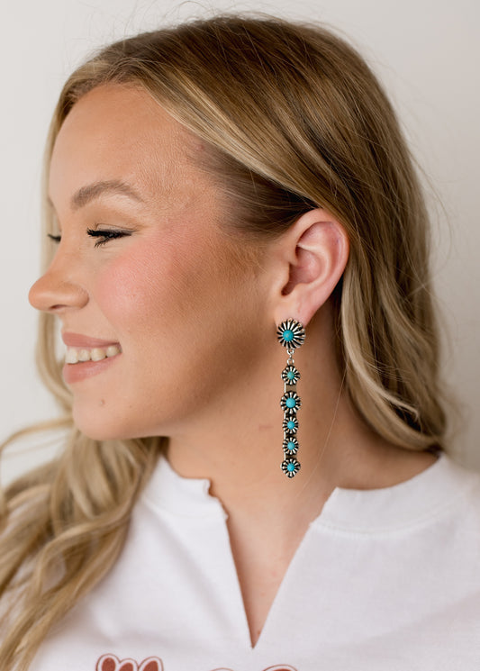 Silver Elongated Post Earring with Turquoise Flower Accents