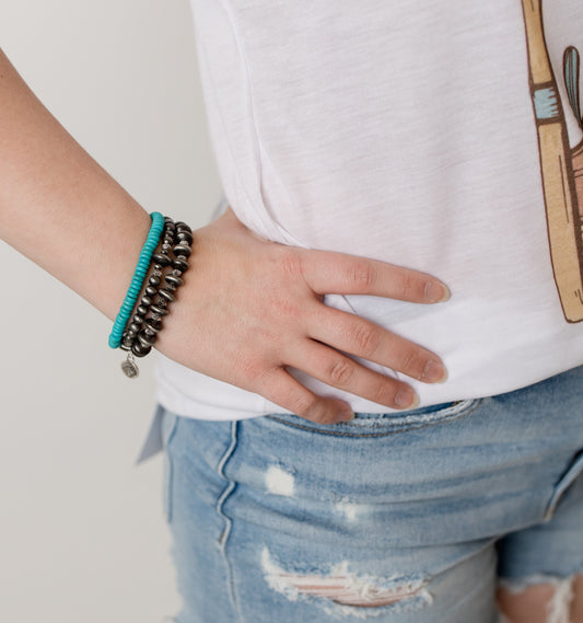 3 Strand Faux Navajo Pearl and Turquoise Stretch Bracelet