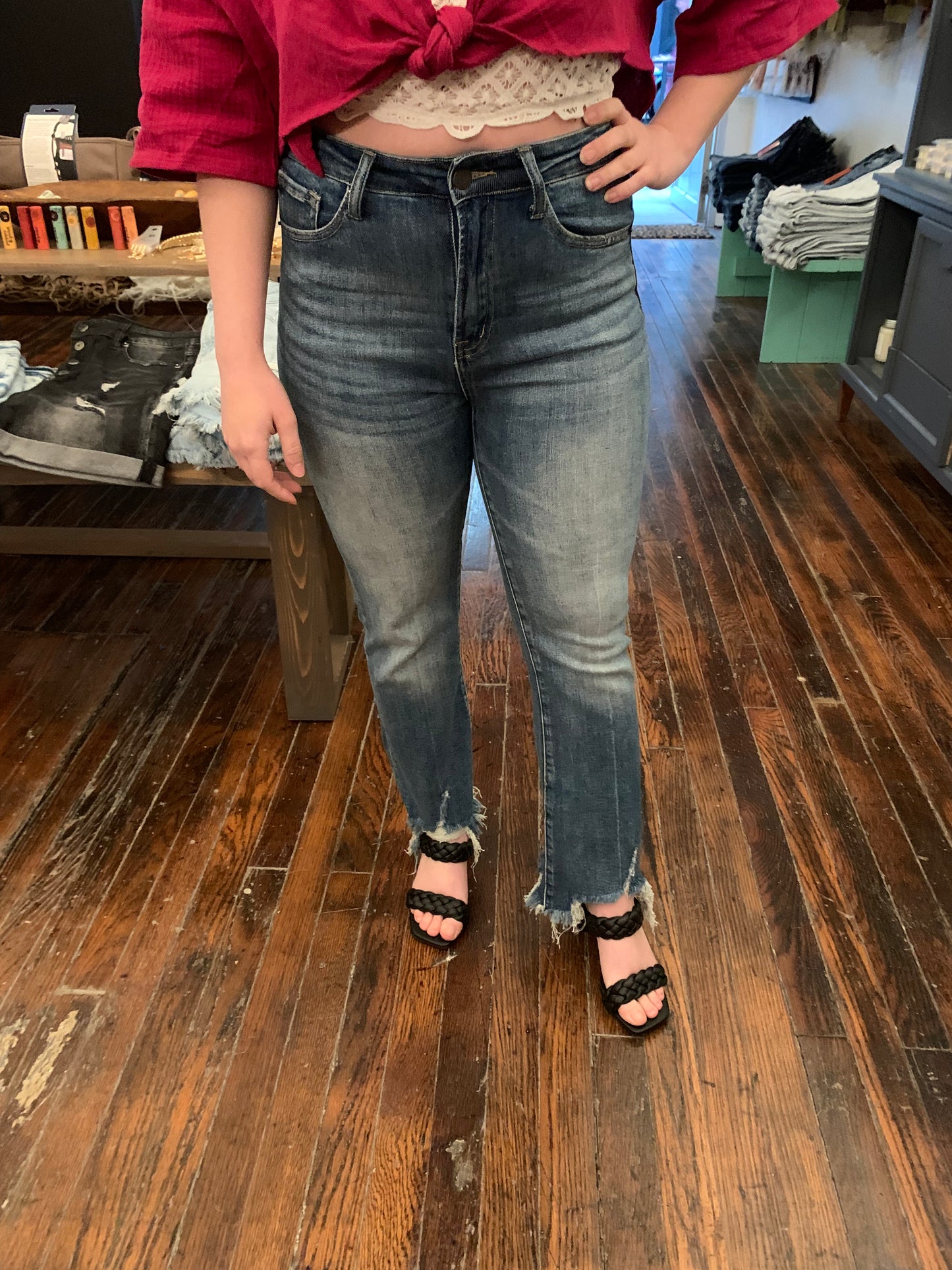 Risen Medium Washed High Rise Cropped Flares